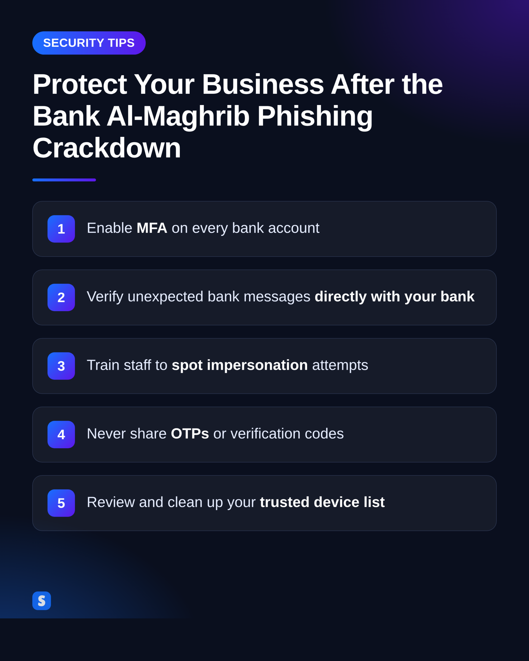 Infographic of security tips for Moroccan businesses following the Bank Al-Maghrib phishing crackdown