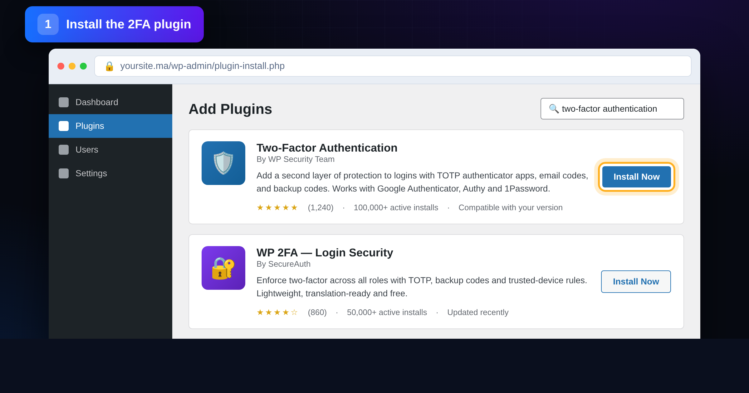 WordPress Add Plugins screen with the Two-Factor Authentication plugin and the Install Now button highlighted