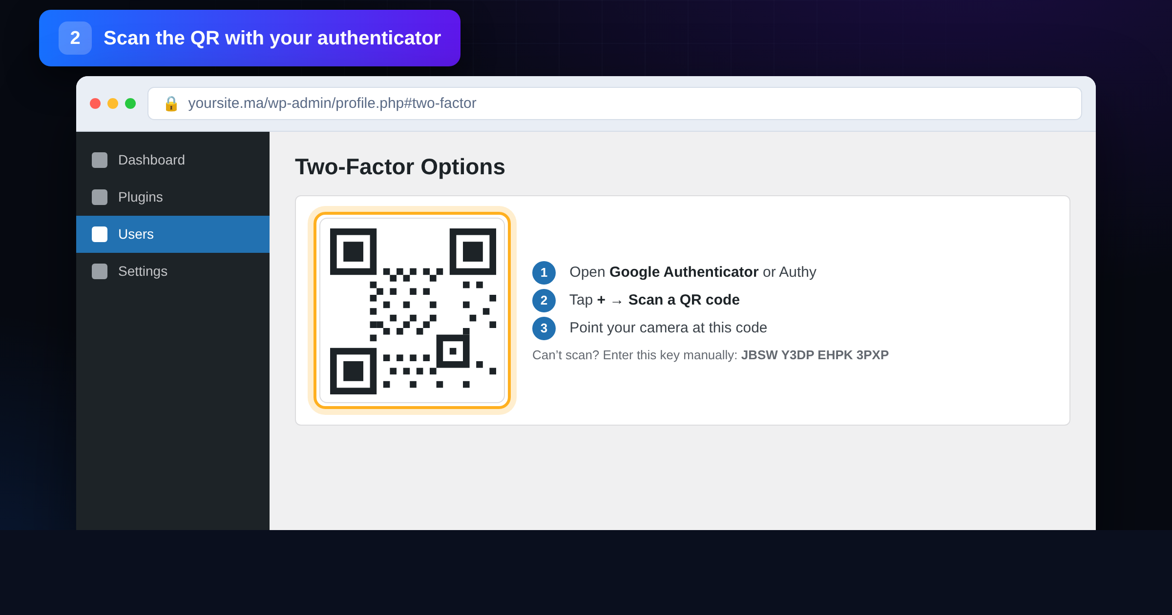 WordPress user profile Two-Factor Options screen showing a QR code to scan with an authenticator app