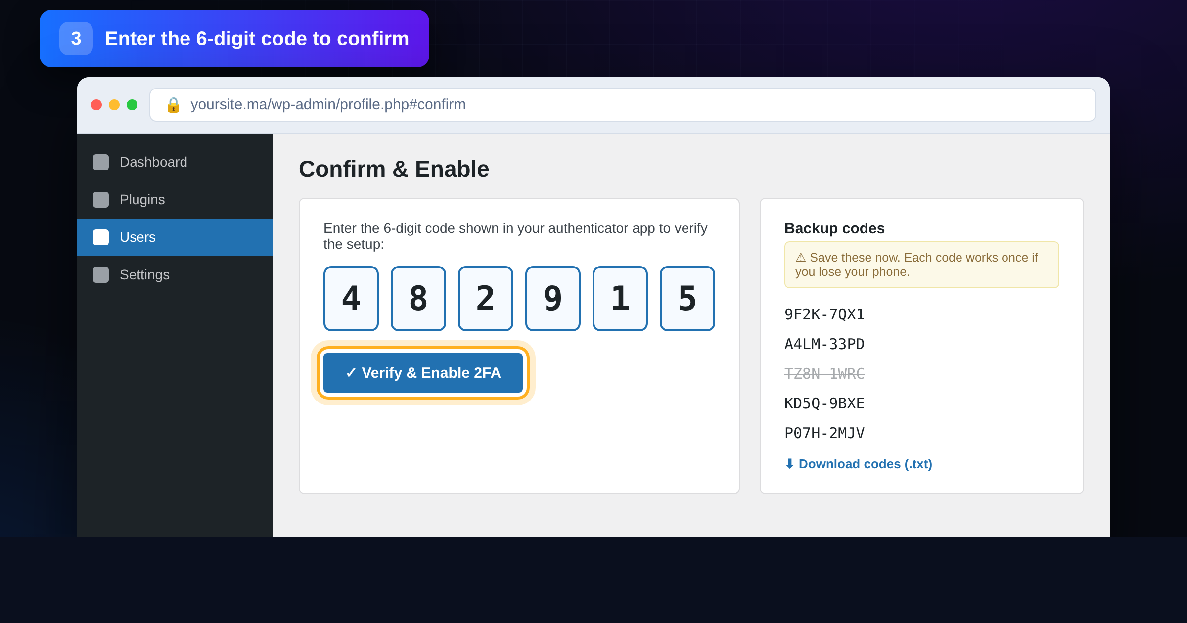 WordPress screen to enter the six-digit authenticator code and download one-time backup codes