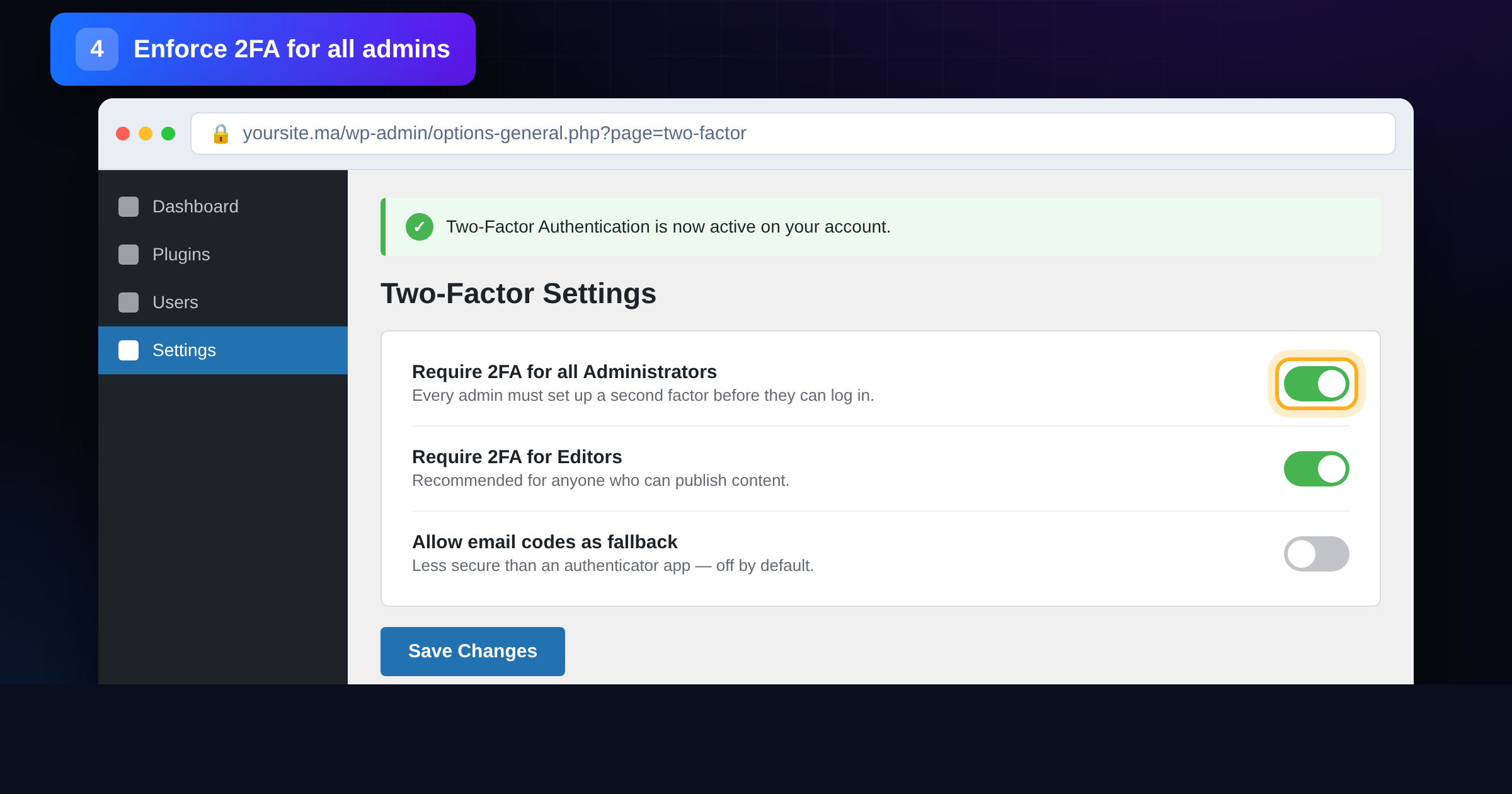 WordPress Two-Factor Settings with the Require 2FA for all Administrators toggle enabled