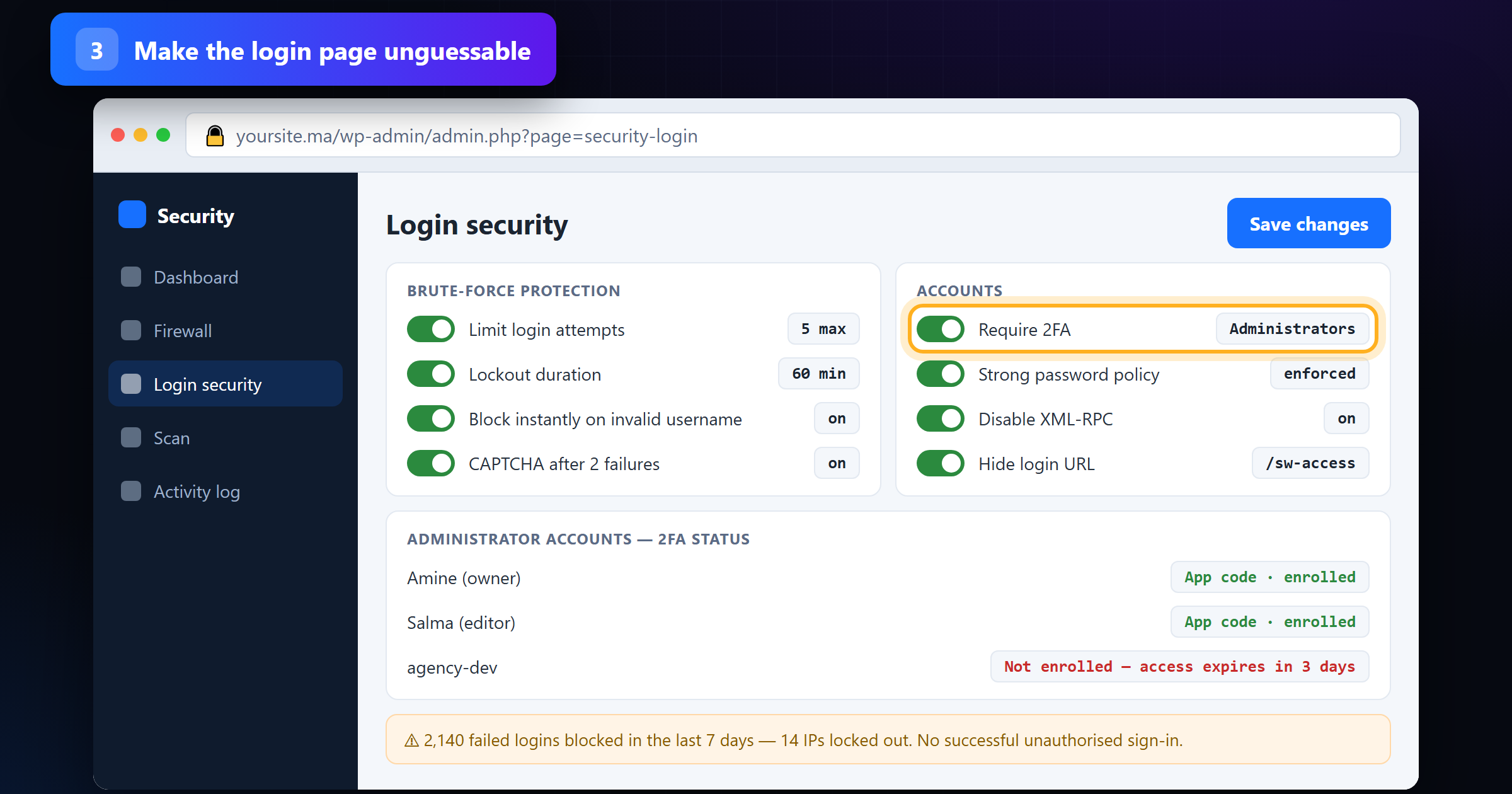 Login security settings: limited login attempts, lockout duration and two-factor authentication required for administrators
