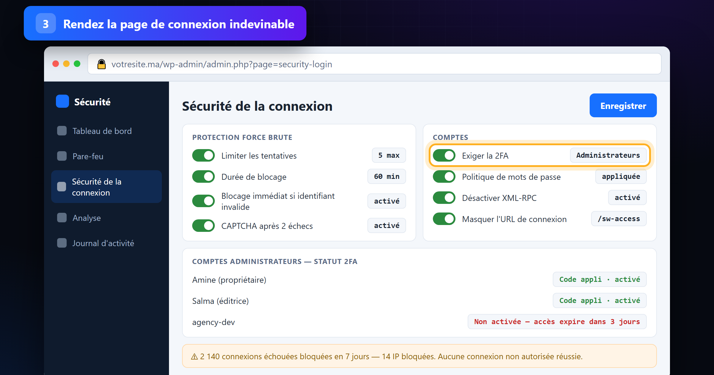 Réglages de sécurité de connexion : tentatives limitées et 2FA exigée pour les administrateurs