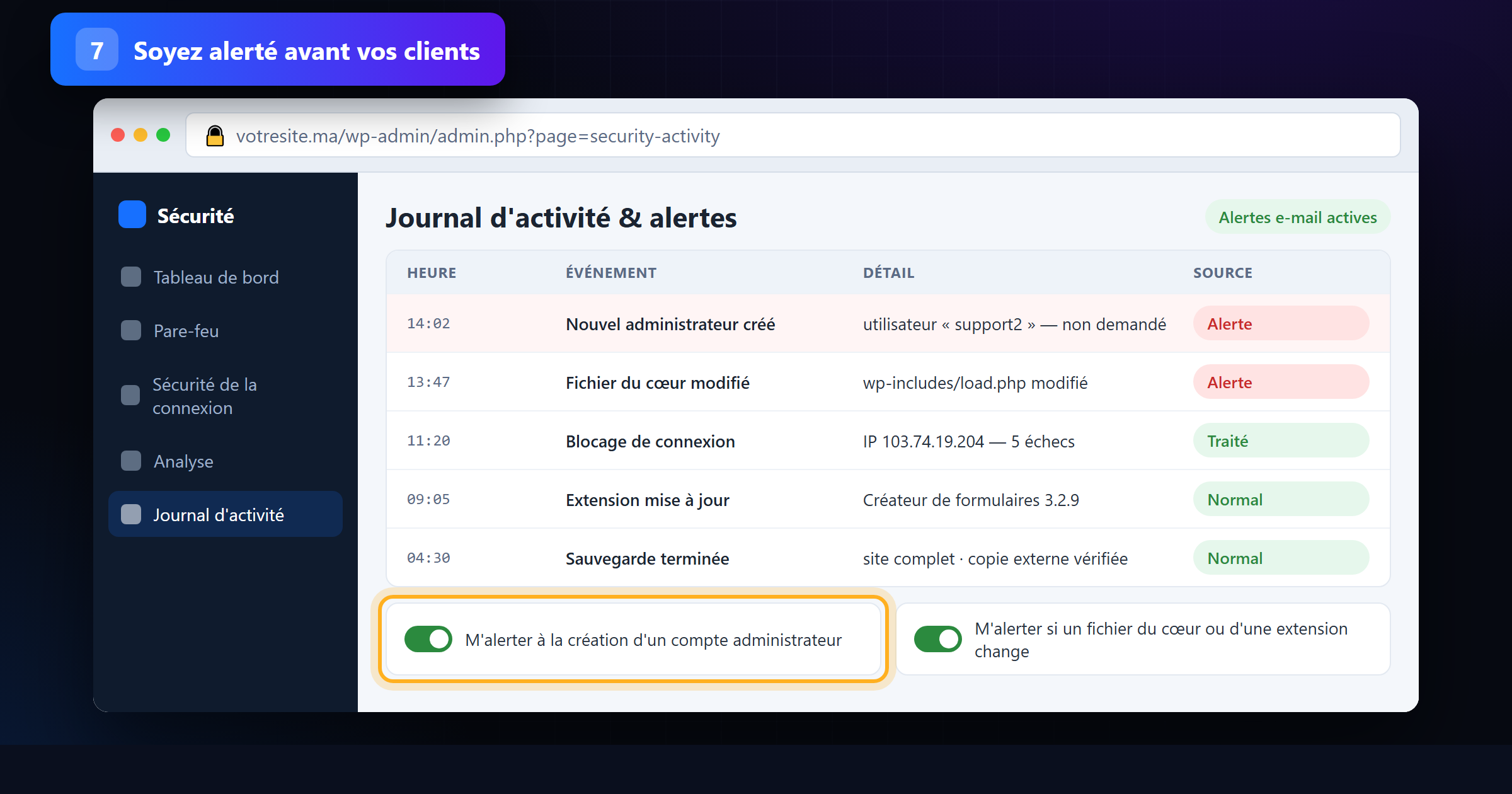 Journal d'activité alertant sur un nouveau compte administrateur et un fichier du cœur modifié
