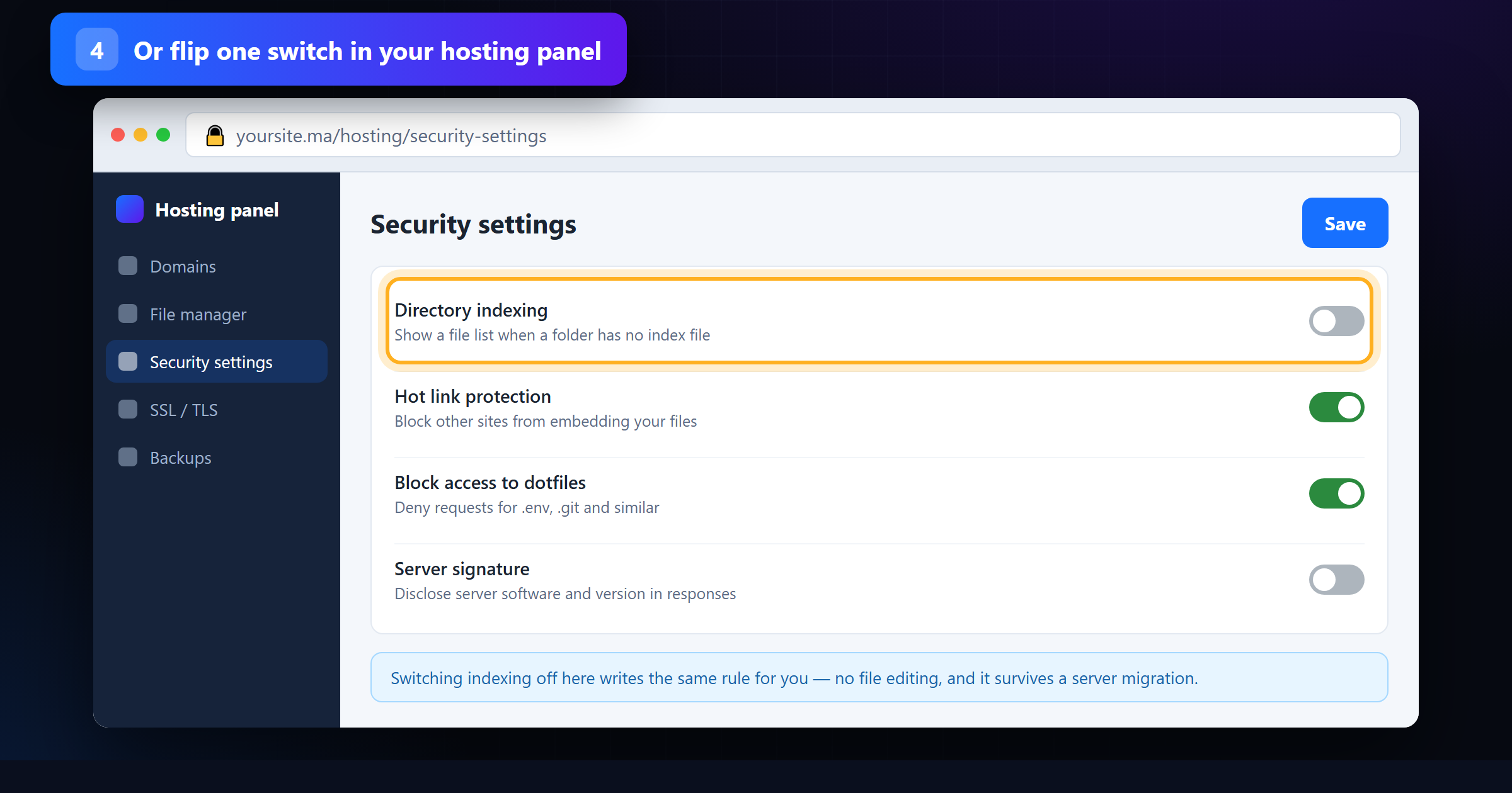 Hosting panel security settings with the directory indexing switch turned off