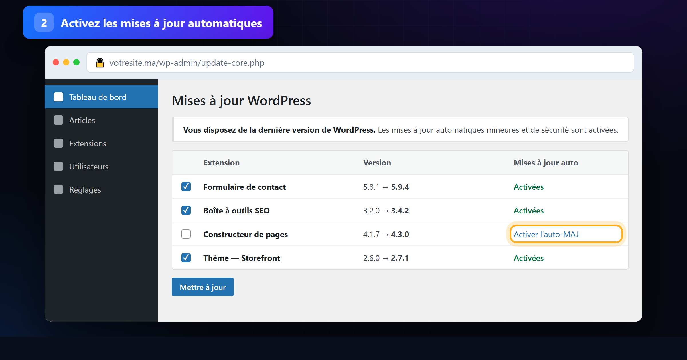 Écran des mises à jour WordPress avec les mises à jour automatiques activées pour les extensions et le thème