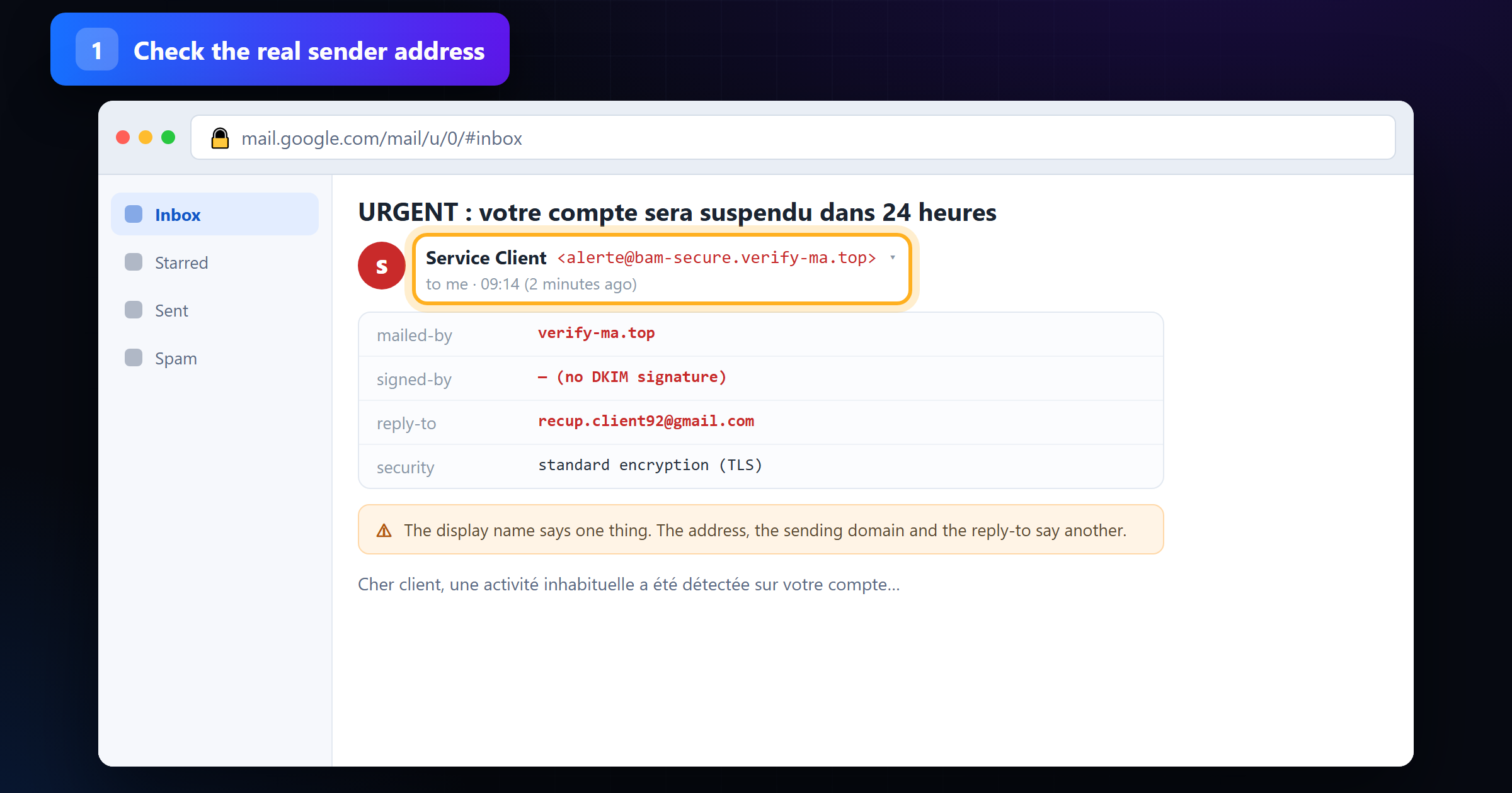 Expanded email header showing the display name Service Client over a look-alike sending domain, no DKIM signature and a Gmail reply-to address