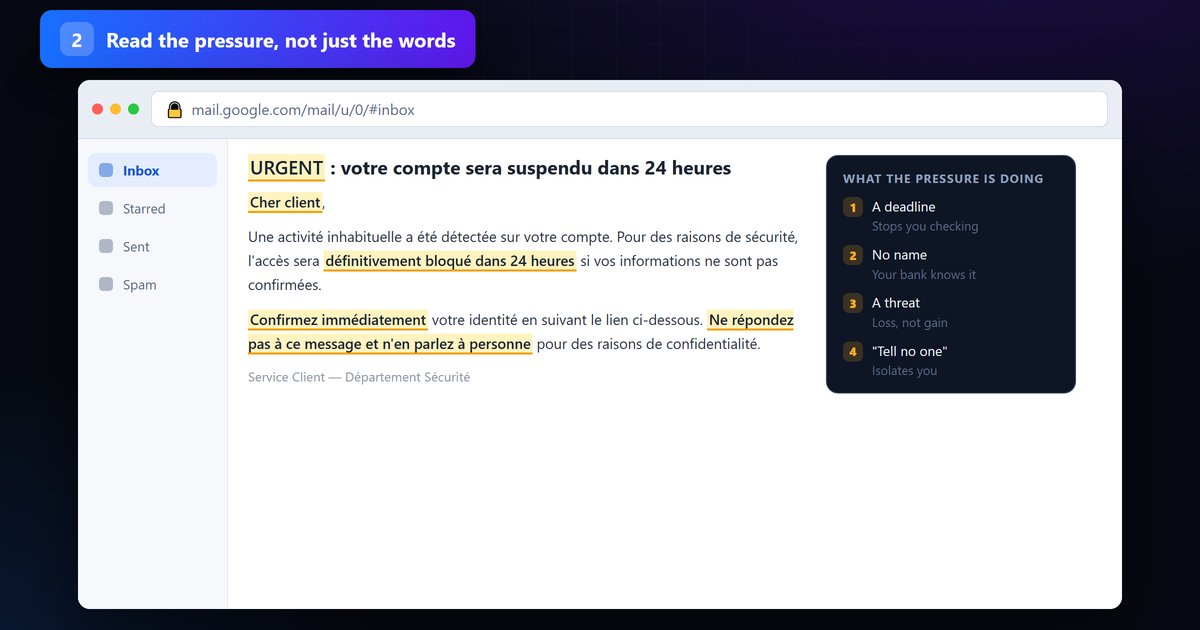 Phishing email body with the urgency phrases, generic greeting and secrecy request highlighted and explained