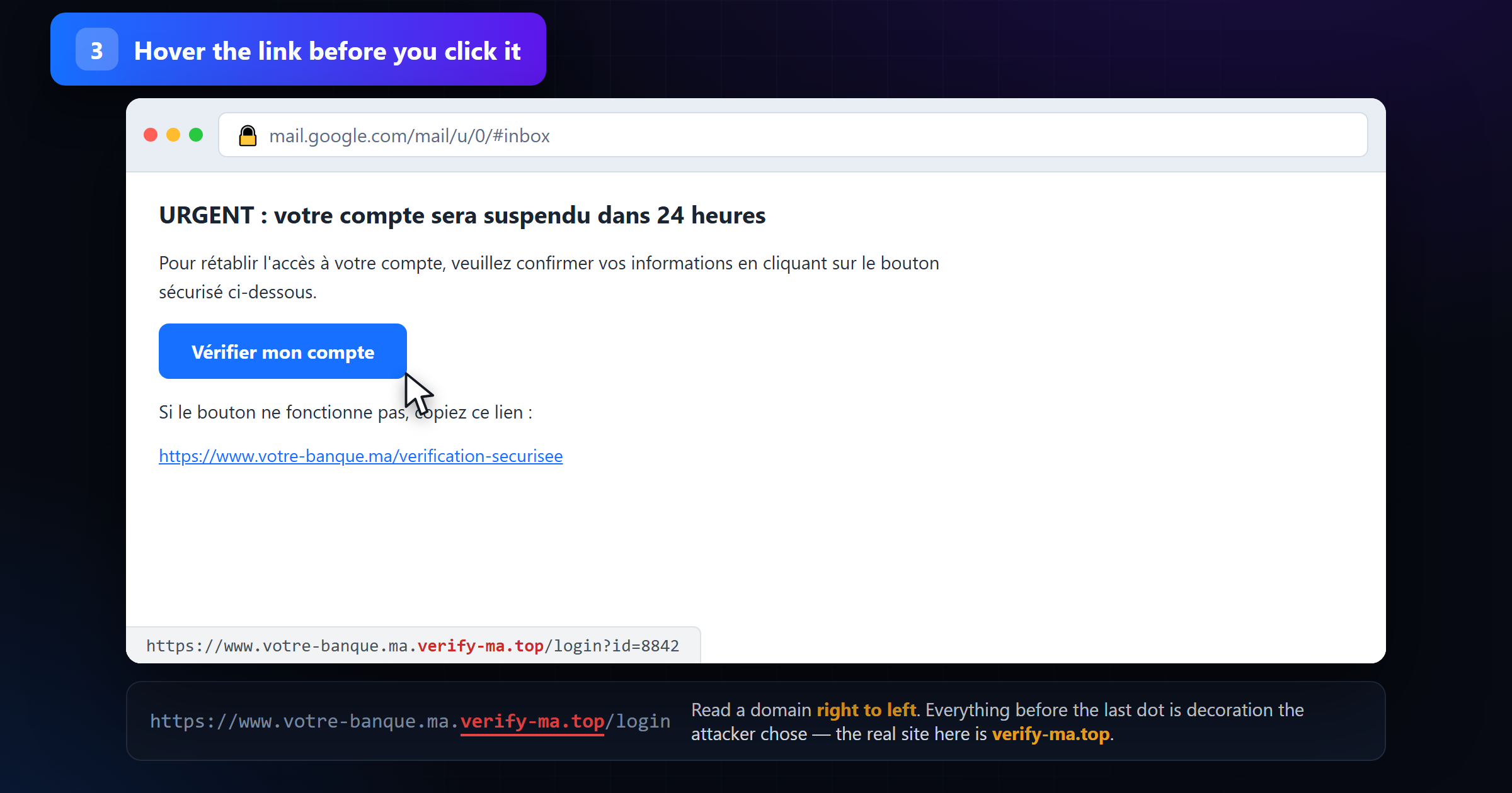 Hovering a Verifier mon compte button reveals a look-alike destination domain in the browser status bar