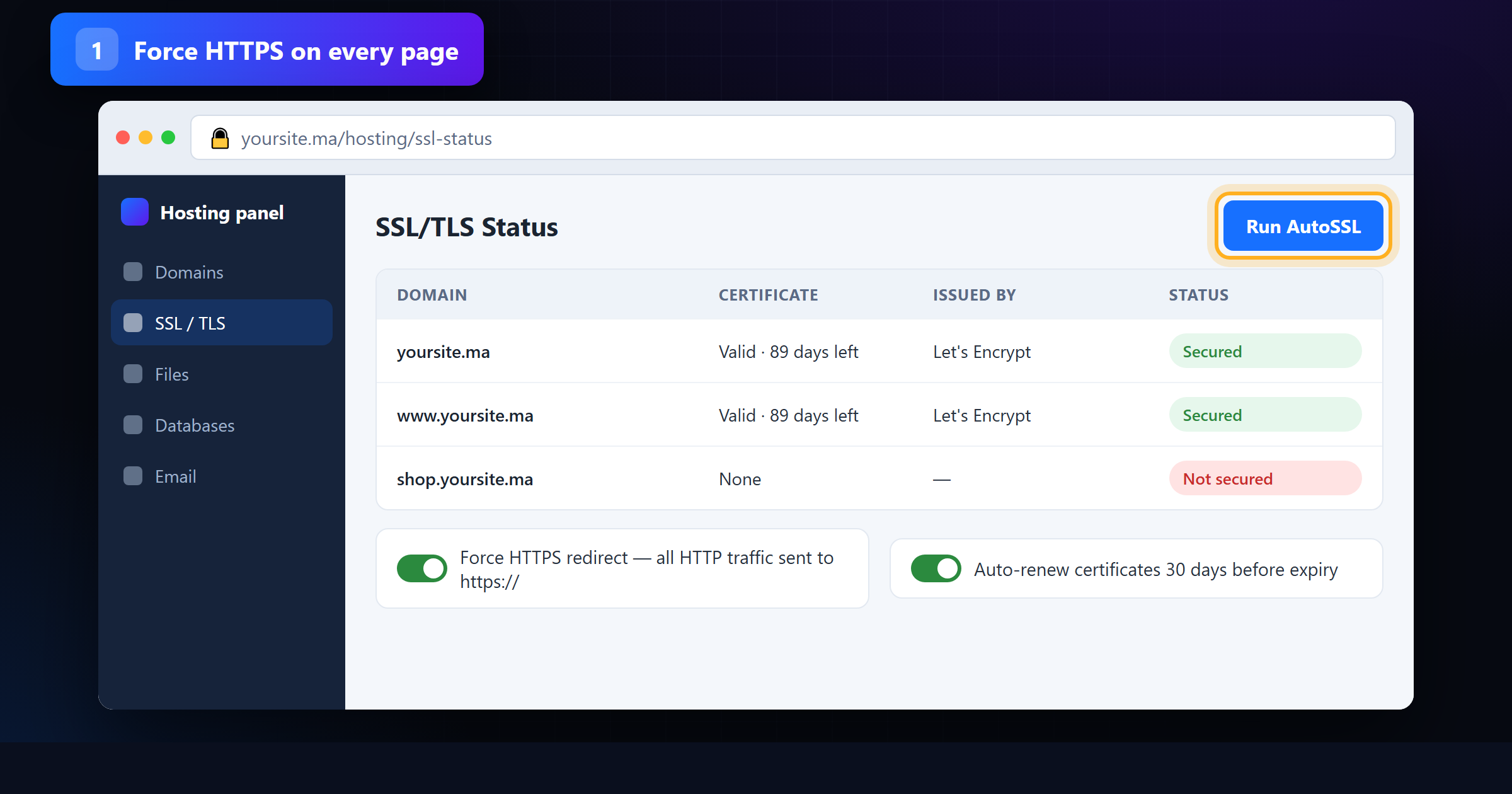 Hosting panel SSL/TLS status showing valid certificates and the Force HTTPS redirect toggle switched on