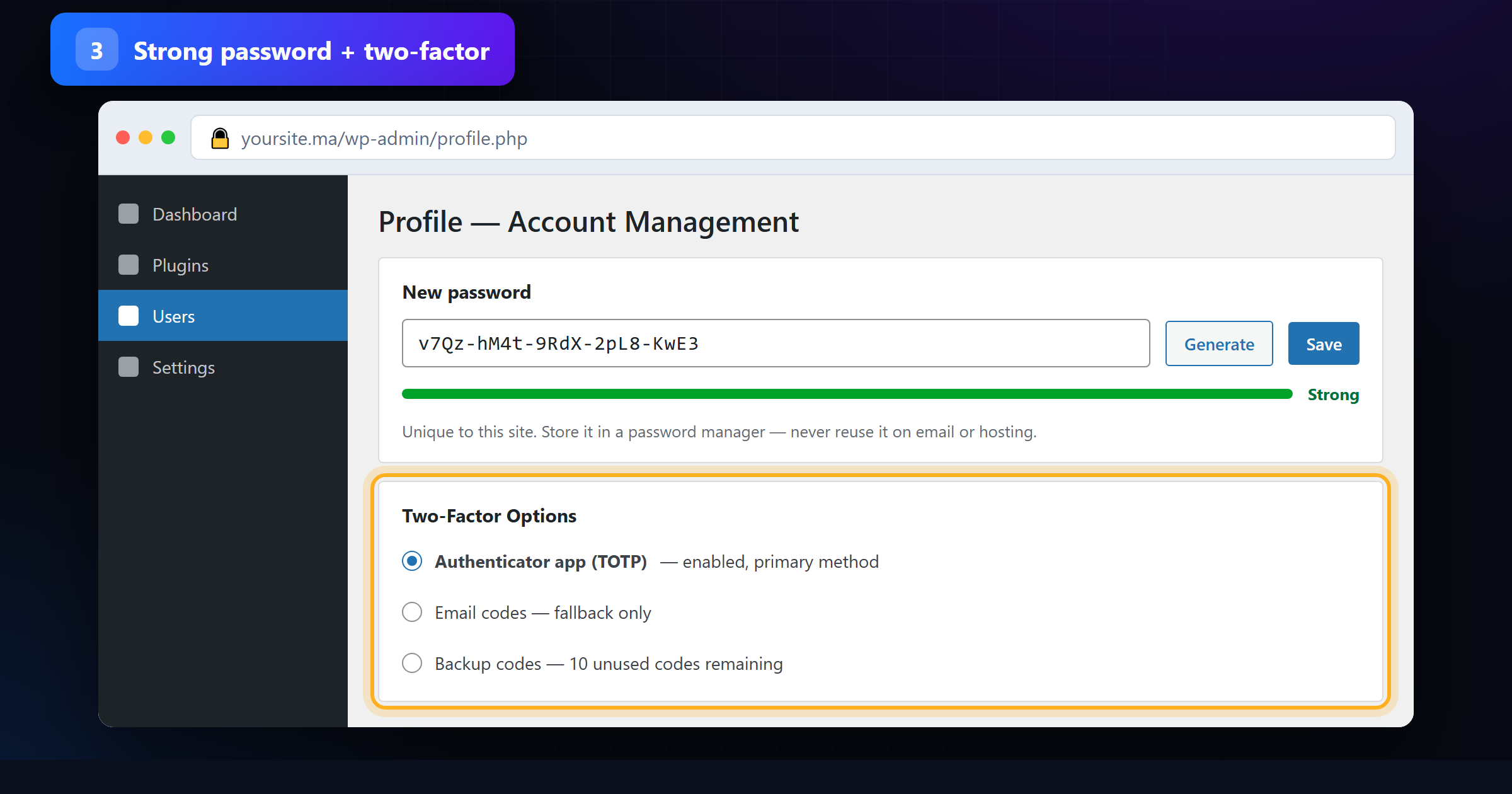 WordPress profile screen with a strong generated password and an authenticator app set as the two-factor method