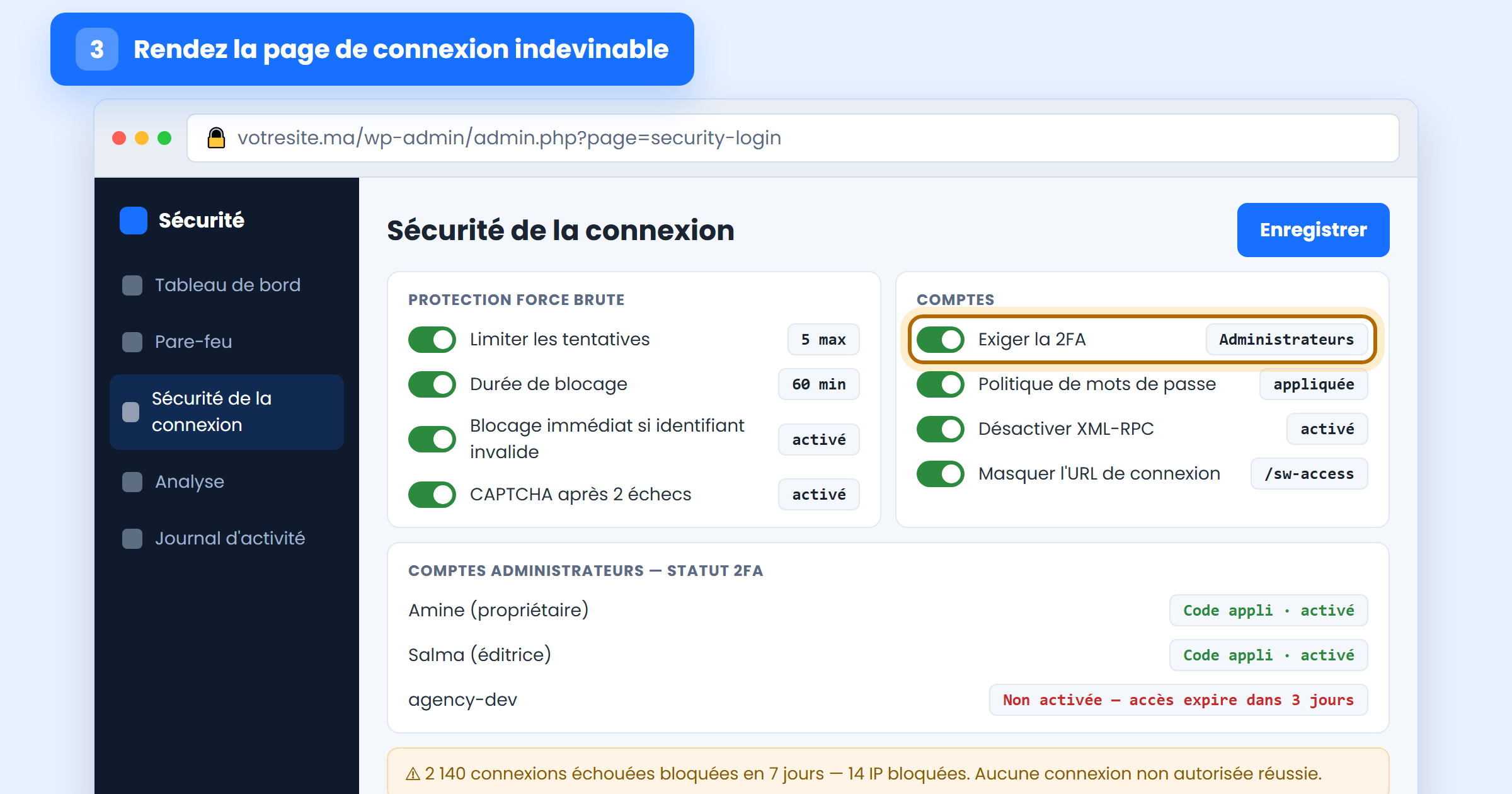 Réglages de sécurité de connexion : tentatives limitées et 2FA exigée pour les administrateurs