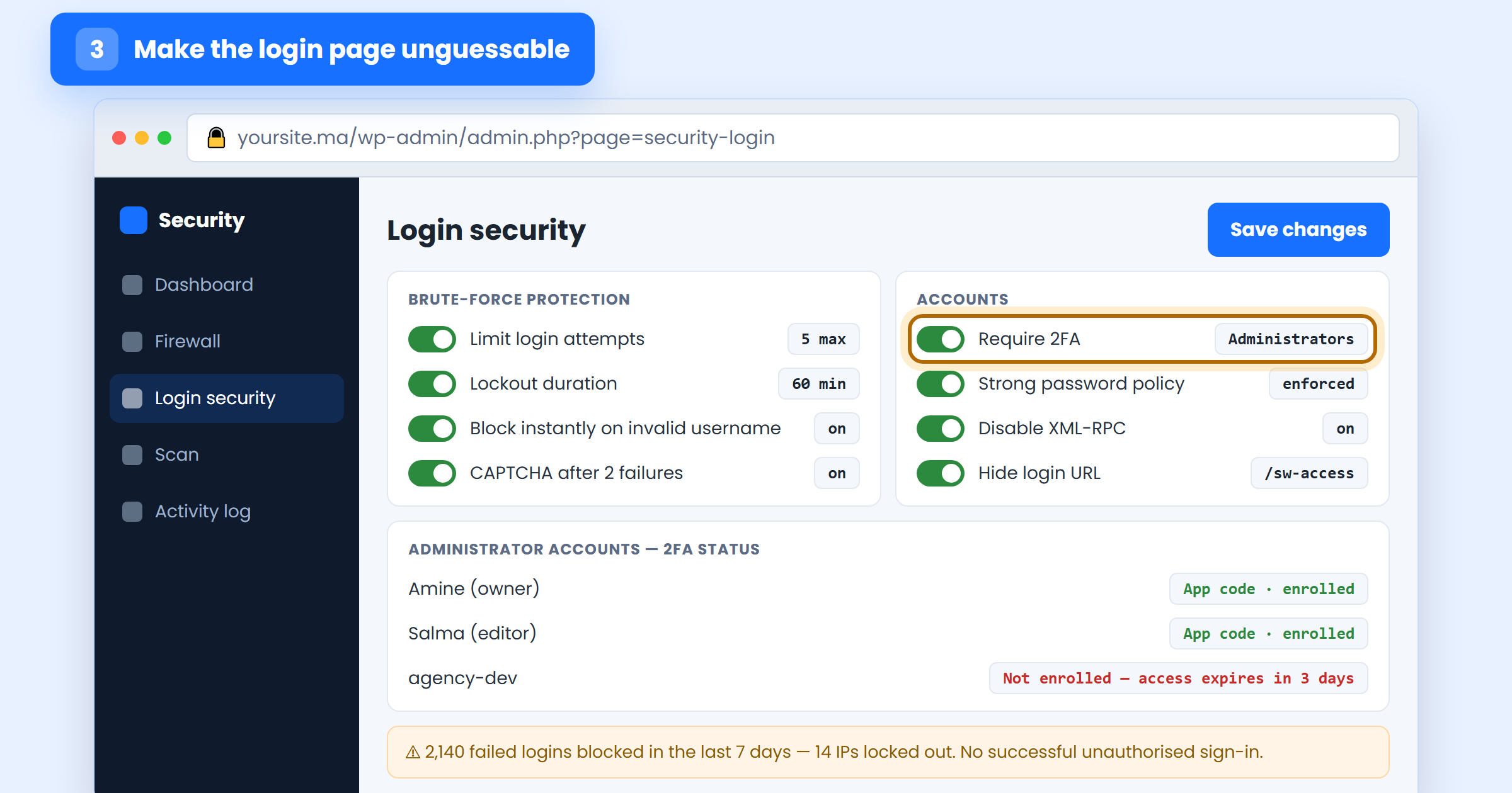 Login security settings: limited login attempts, lockout duration and two-factor authentication required for administrators