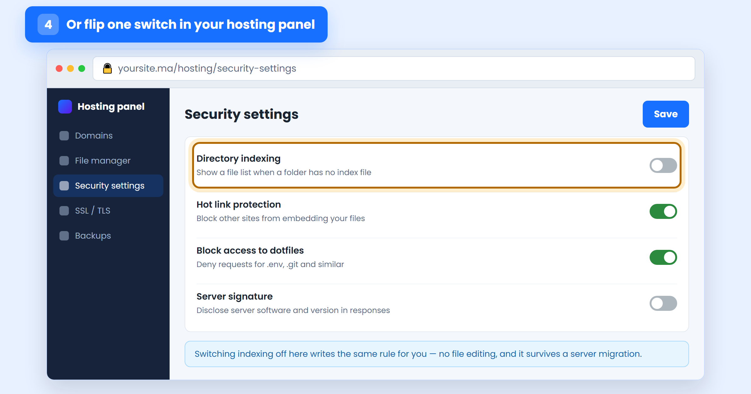 Hosting panel security settings with the directory indexing switch turned off
