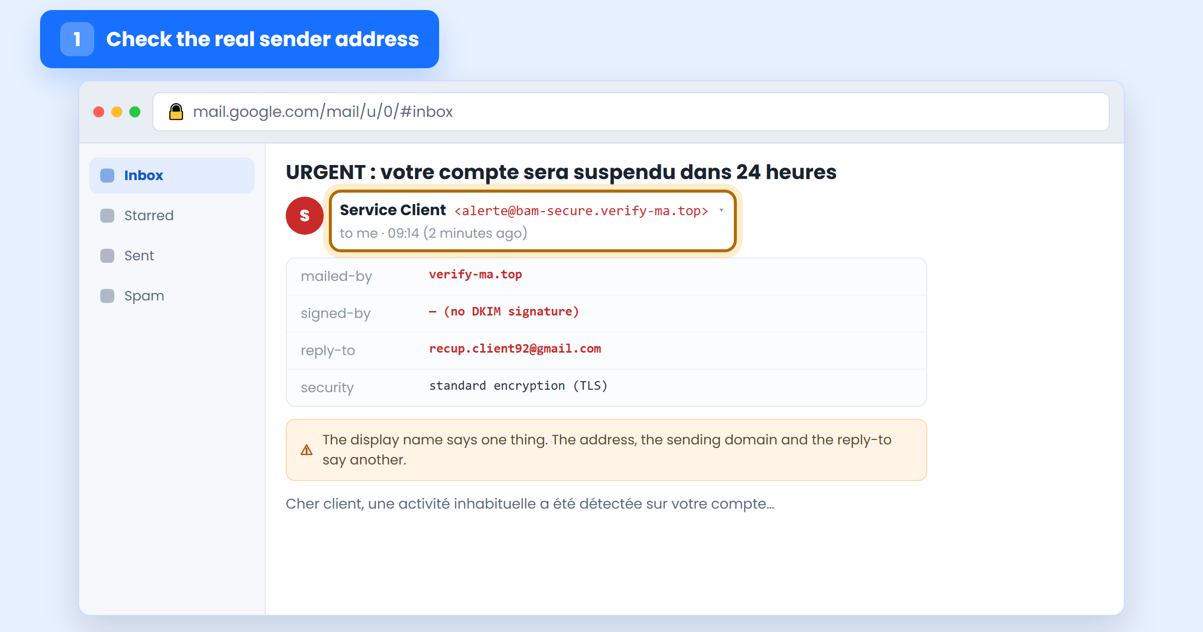 Expanded email header showing the display name Service Client over a look-alike sending domain, no DKIM signature and a Gmail reply-to address