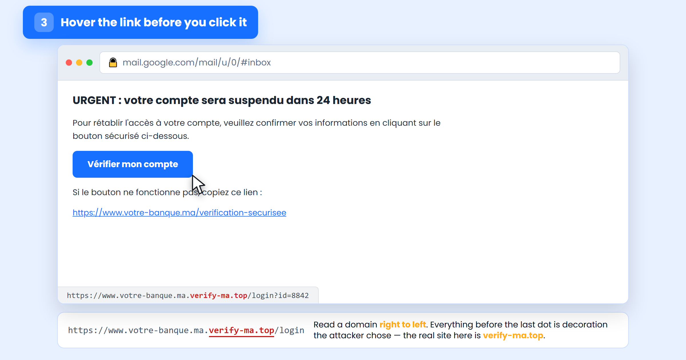 Hovering a Verifier mon compte button reveals a look-alike destination domain in the browser status bar