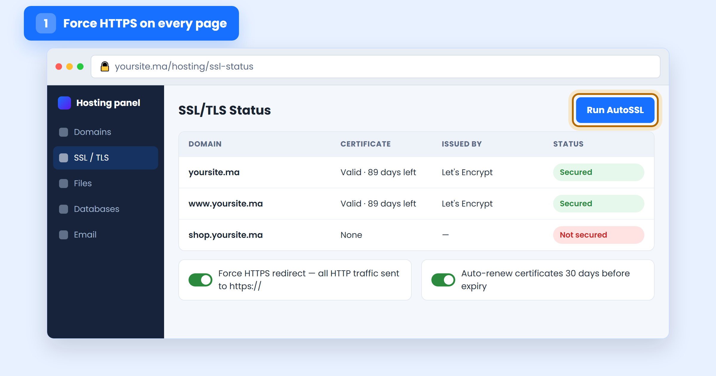 Hosting panel SSL/TLS status showing valid certificates and the Force HTTPS redirect toggle switched on