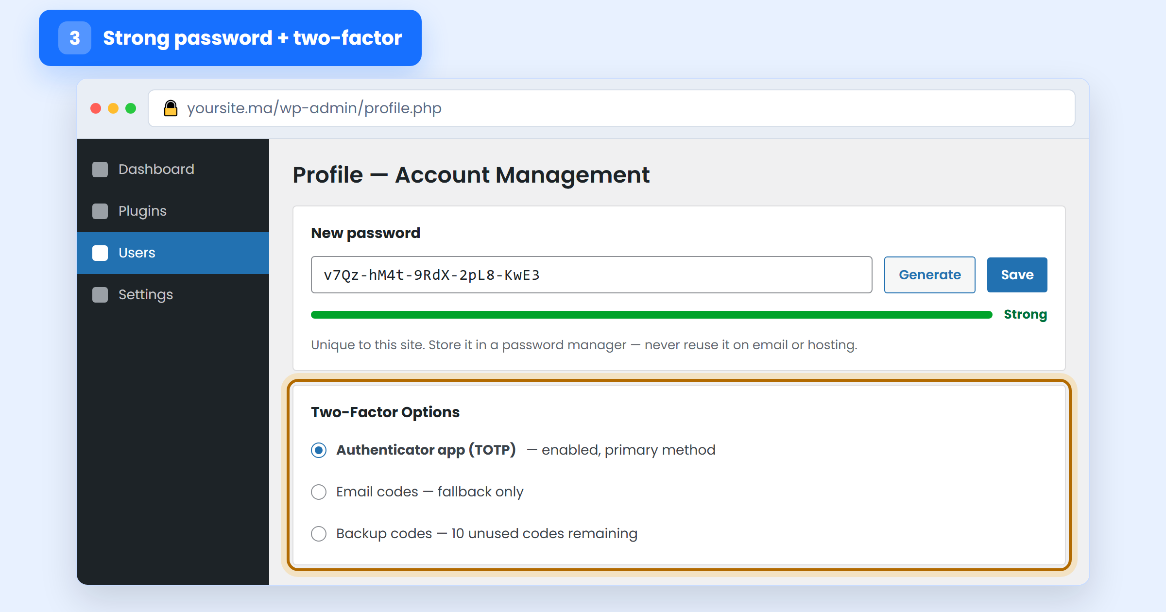 WordPress profile screen with a strong generated password and an authenticator app set as the two-factor method