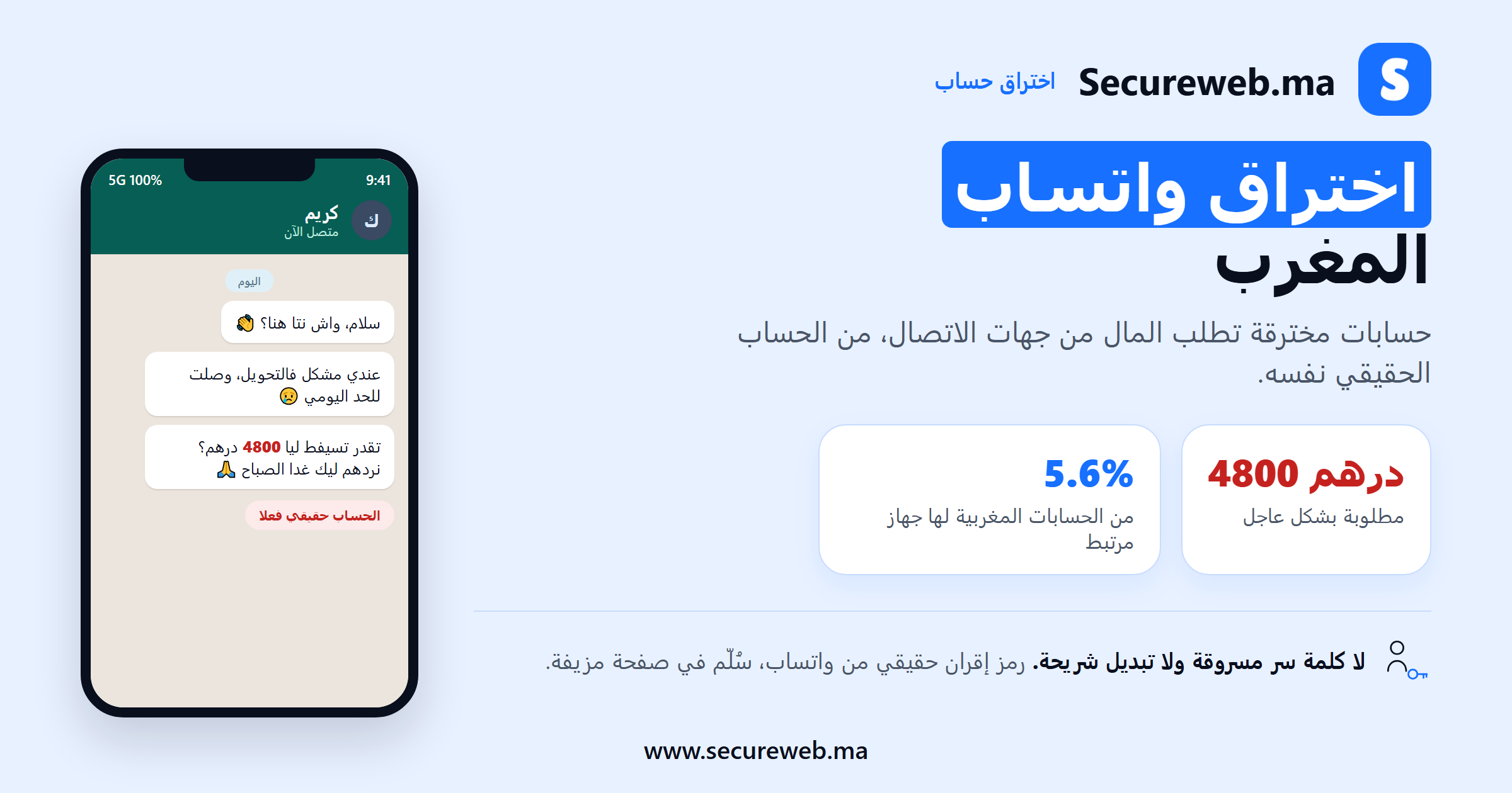 اختراق واتساب المغرب: شاشة محادثة يظهر فيها حساب مخترق يطلب تحويلا ماليا عاجلا
