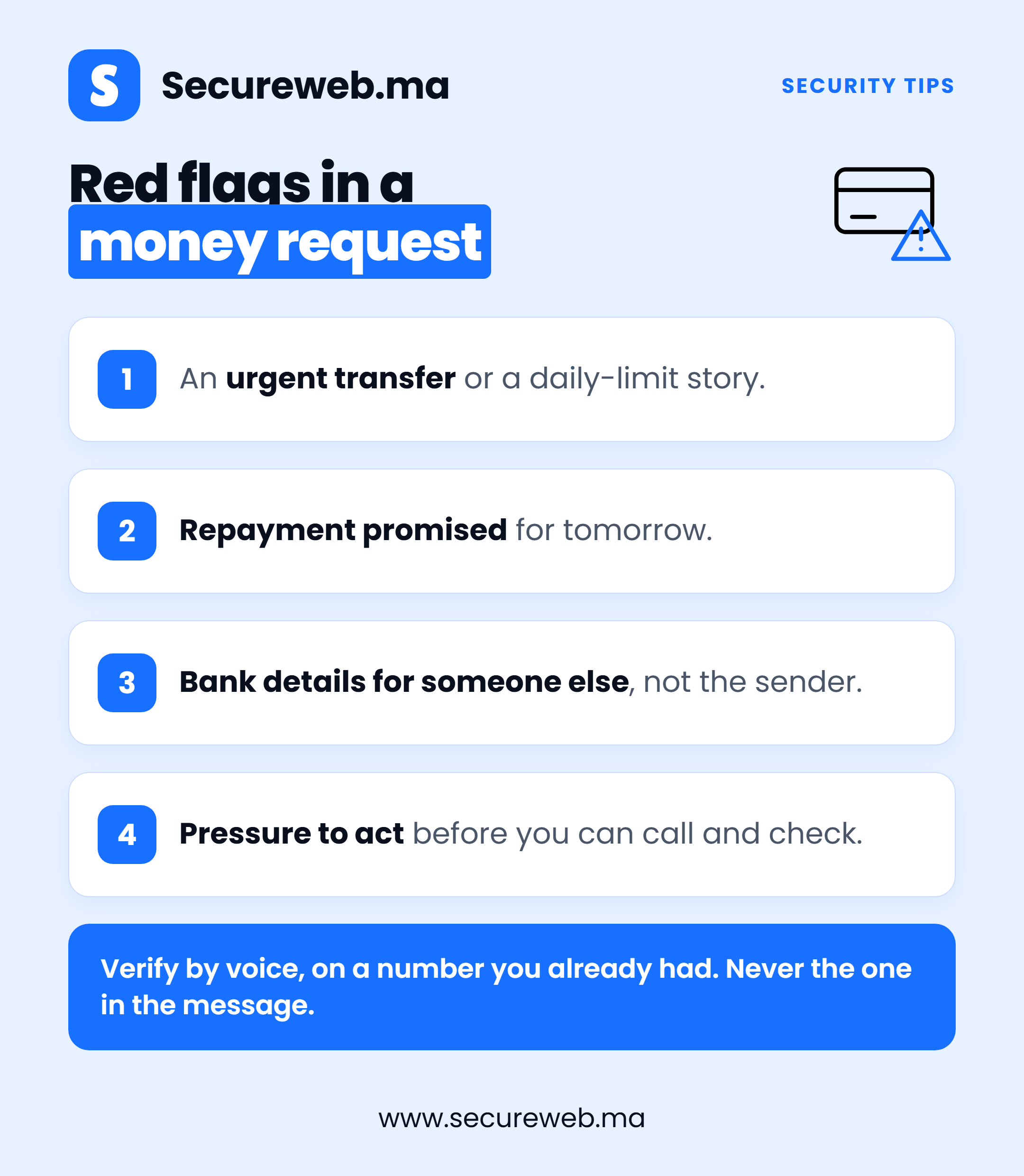 Red flags checklist for spotting a WhatsApp hack Morocco money-request message on a phone
