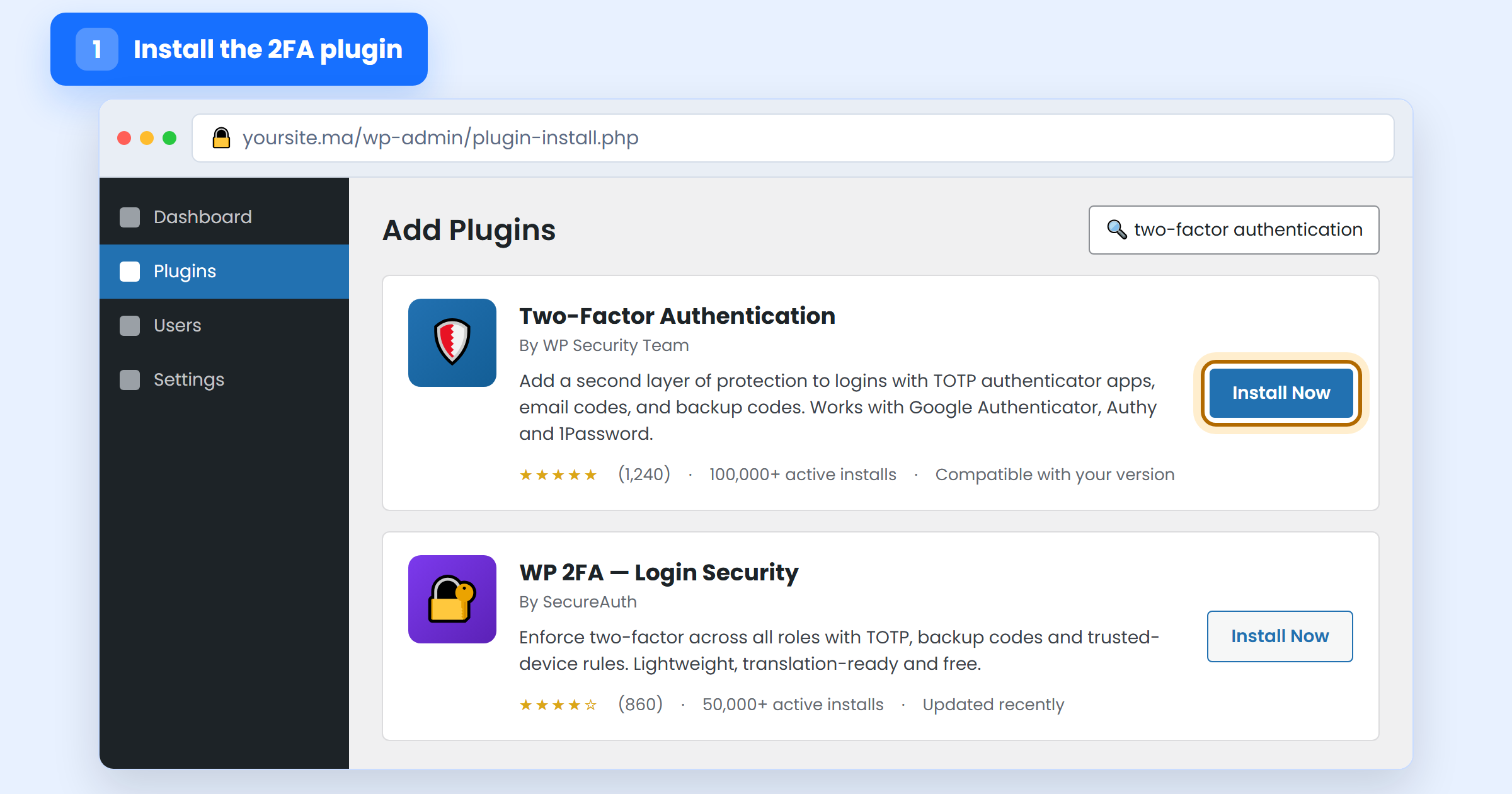 WordPress Add Plugins screen with the Two-Factor Authentication plugin and the Install Now button highlighted