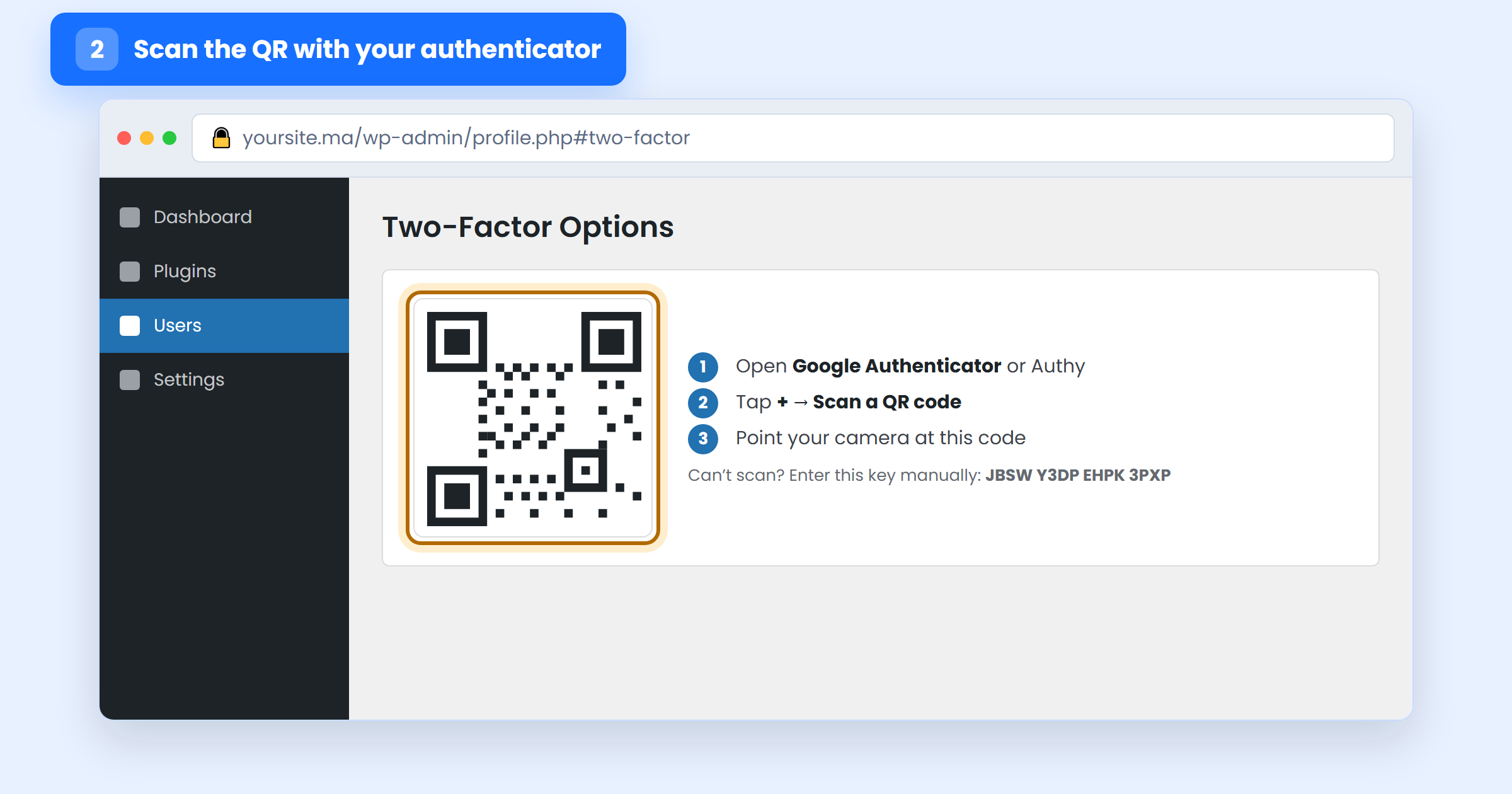 WordPress user profile Two-Factor Options screen showing a QR code to scan with an authenticator app