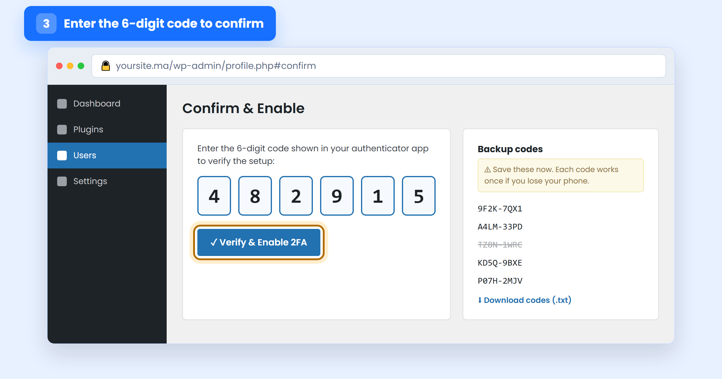 WordPress screen to enter the six-digit authenticator code and download one-time backup codes