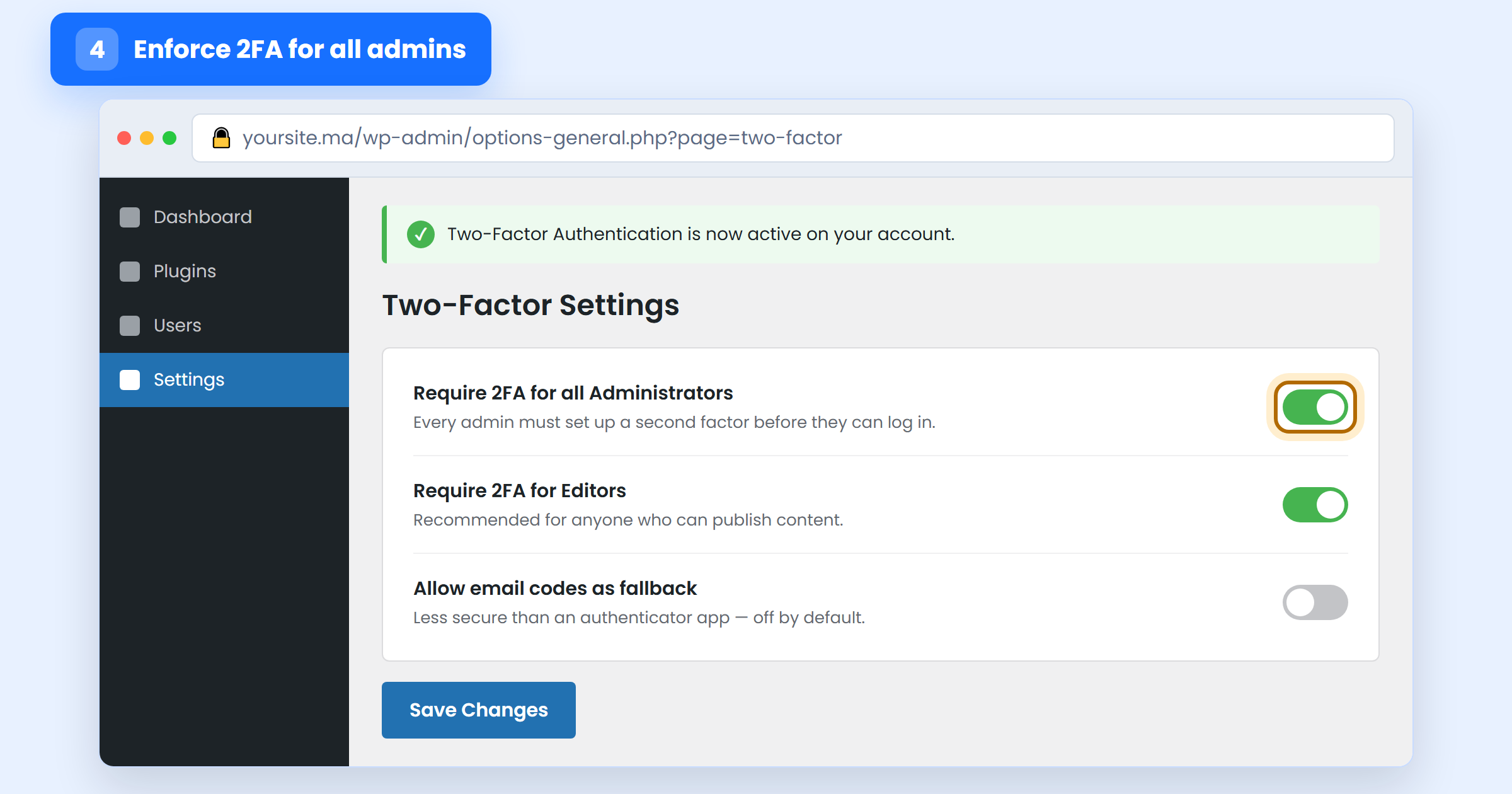 WordPress Two-Factor Settings with the Require 2FA for all Administrators toggle enabled