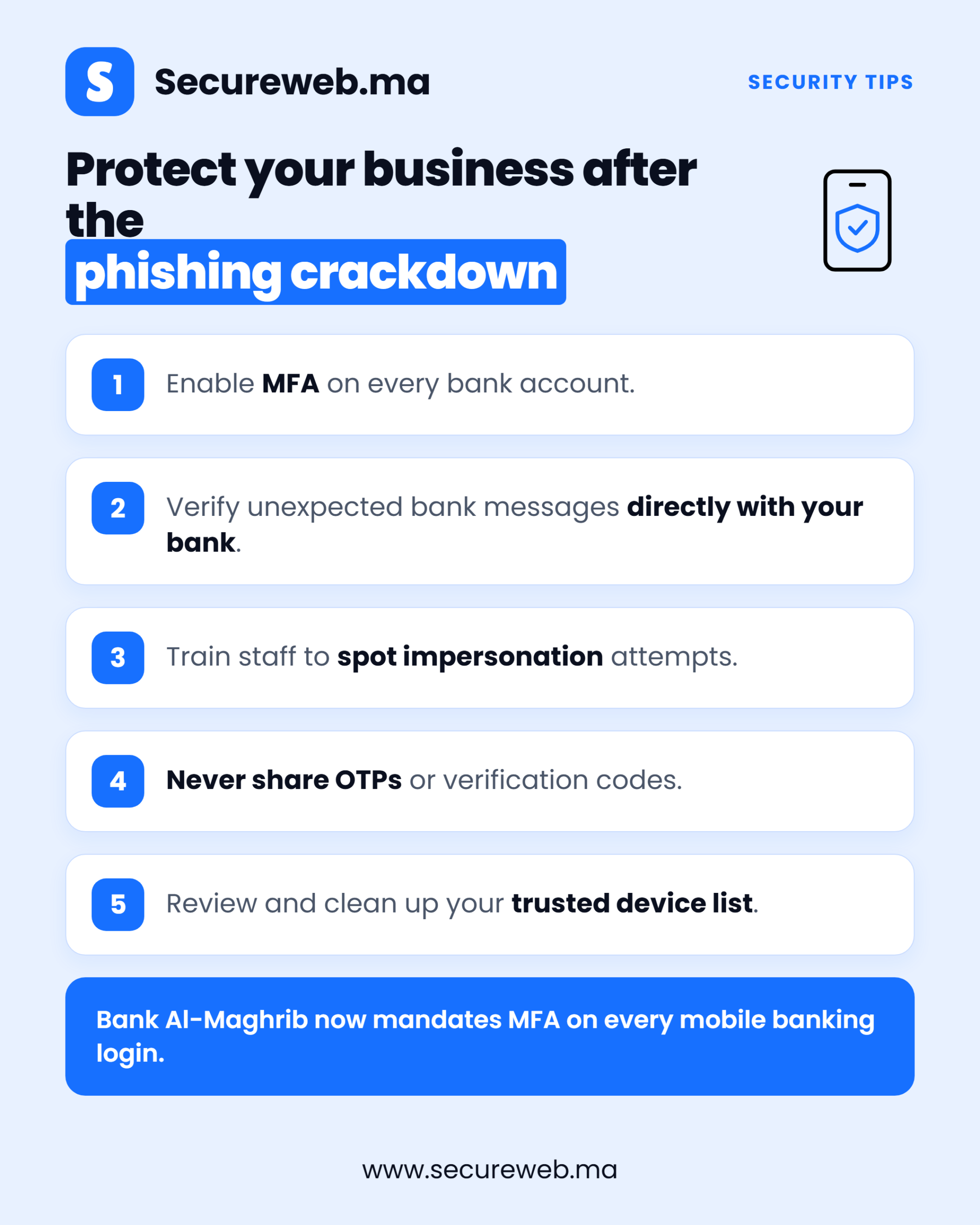 Infographic of security tips for Moroccan businesses following the Bank Al-Maghrib phishing crackdown