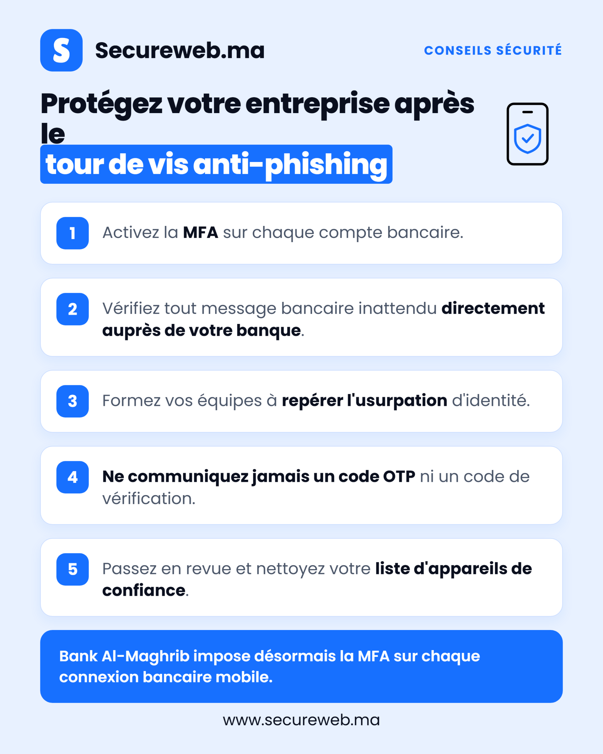 Infographie de conseils de sécurité pour les entreprises marocaines suite à la répression du phishing Bank Al-Maghrib